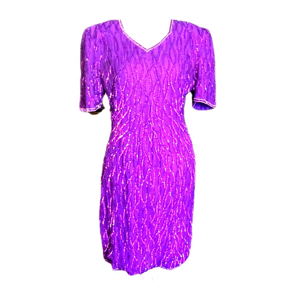 Vtg 1980s Purple Sequin Evening Wear Party Dress Mark & John By Sam Silk Lined